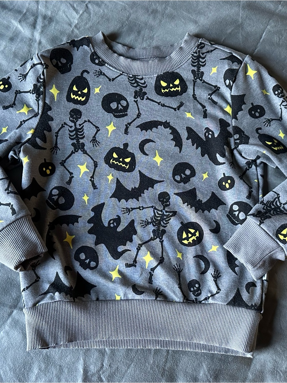 Little Sleepies Gray Halloween Skeleton & Pumpkin Pullover with Yellow Accents
